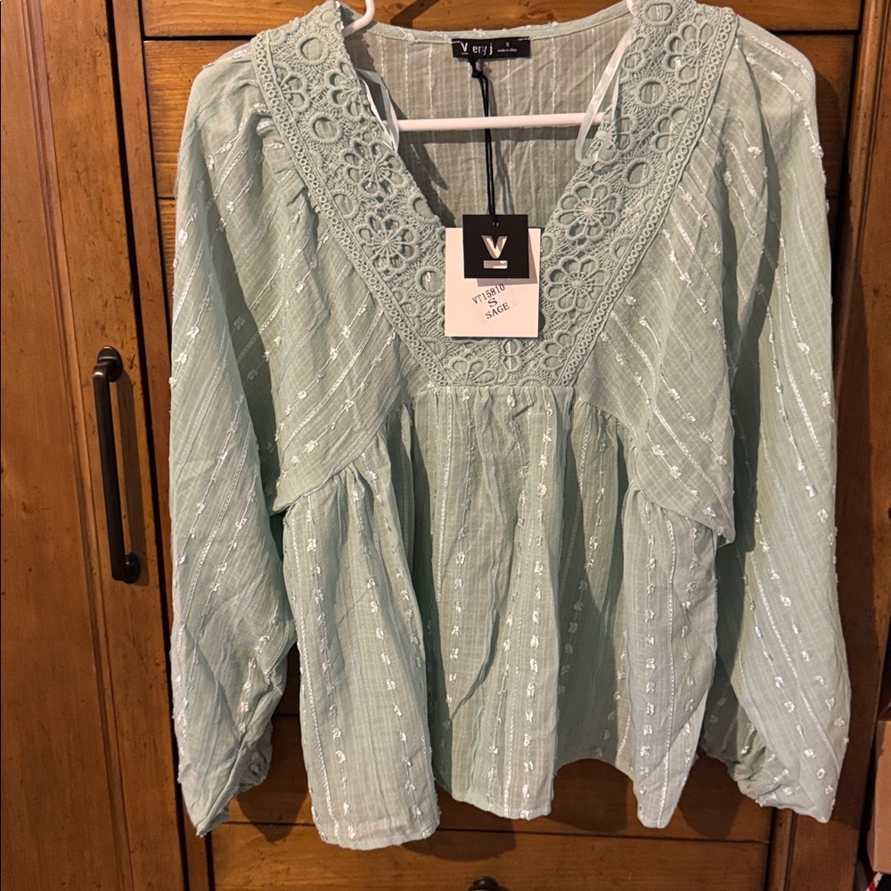 Very J Mint Sage Embroidered V-Neck Peasant Blouse